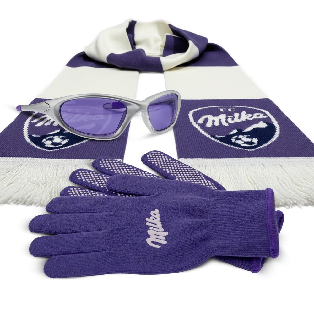 Ensemble Milka Chocolate Leisure composé de lunettes de soleil, gants et écharpe en laine