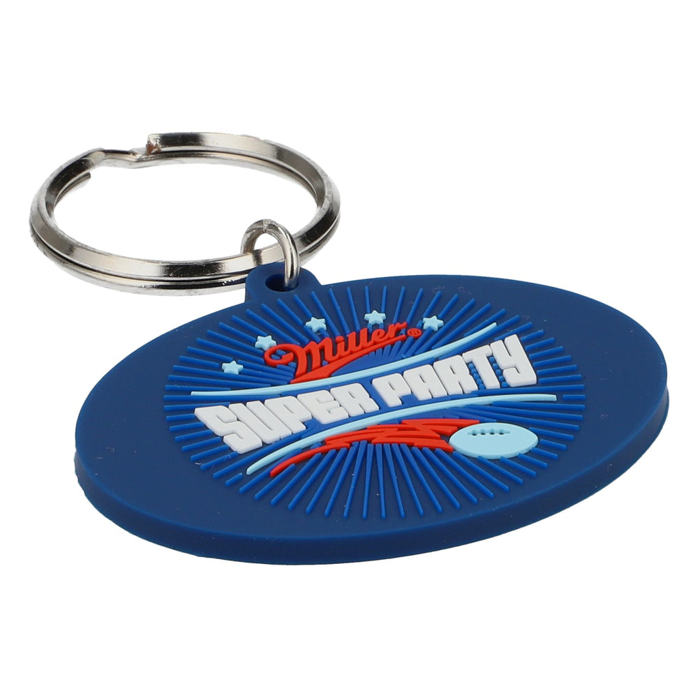 Porte-clés Miller Beer en caoutchouc bleu – Super Party – Produits dérivés du Super Bowl