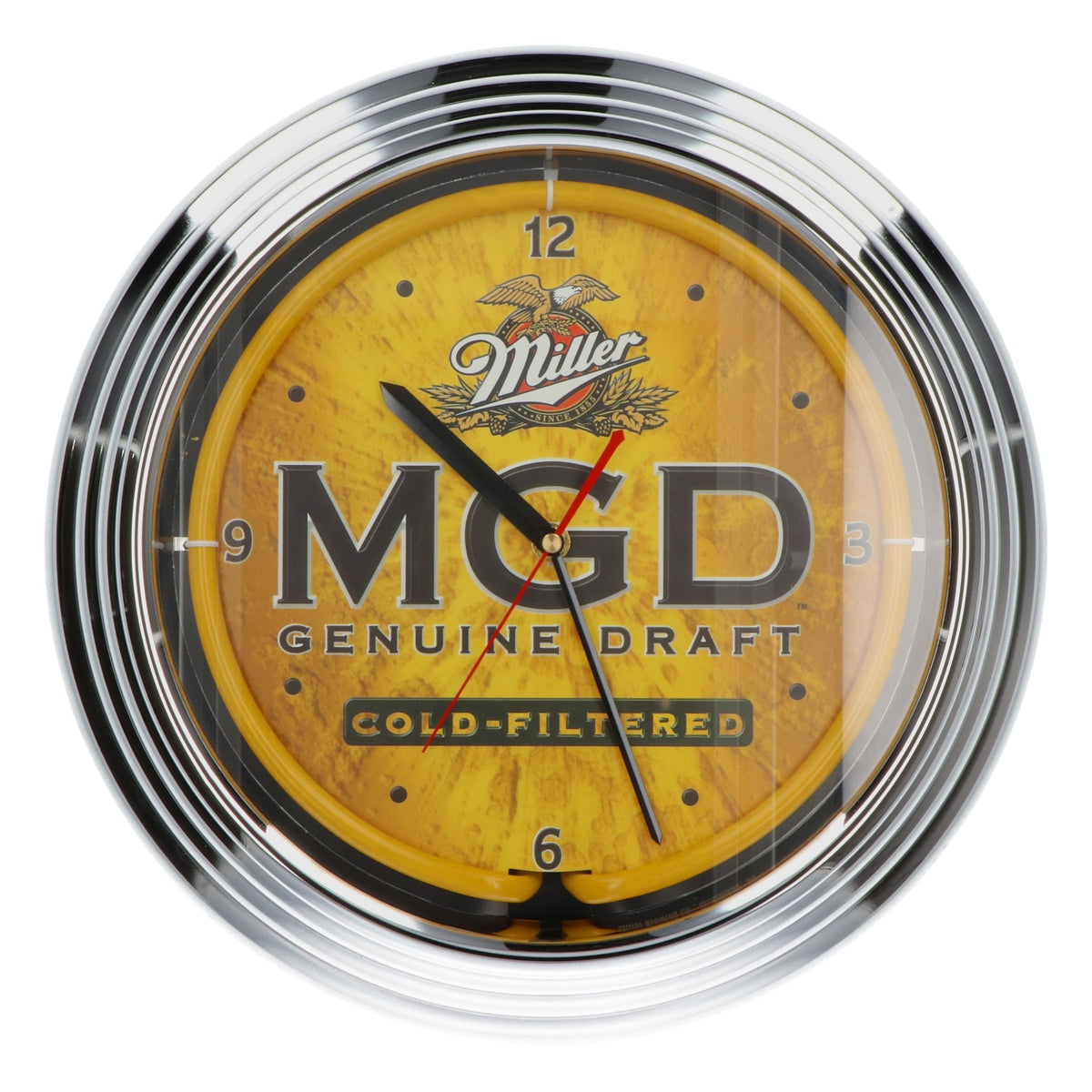Horloge murale Miller MGD sur le thème de la bière, éclairée au néon jaune, décoration de bar, horloge rétro
