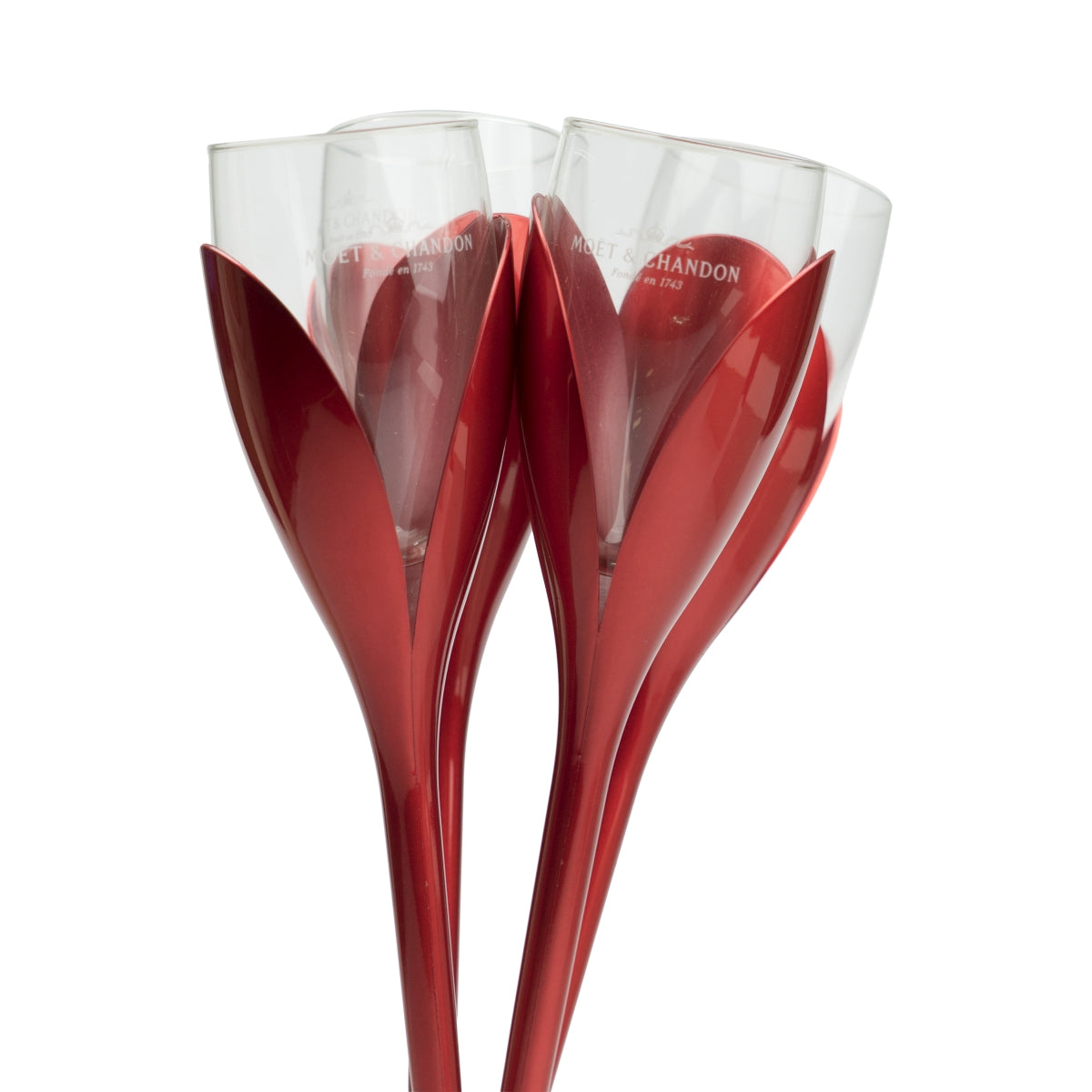 Champagne Moët & Chandon 4 verres + supports en forme de tulipe rouges Verres rares et exceptionnels