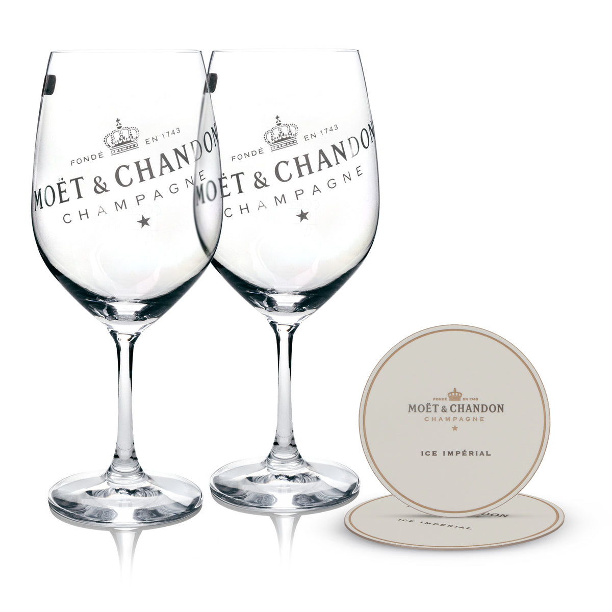 Coffret Moët & Chandon comprenant 2 flûtes et 2 sous-verres