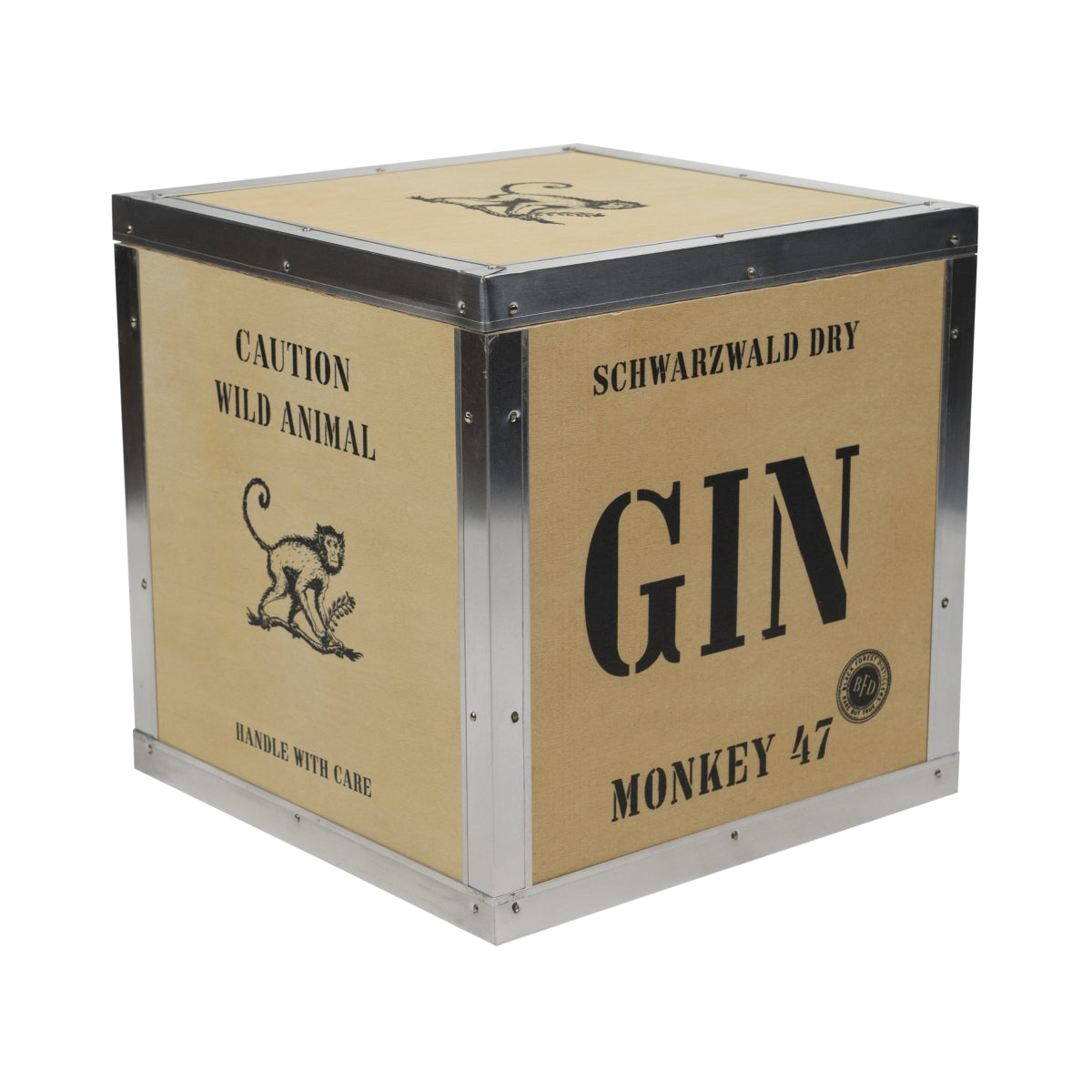 Monkey 47 Gin Caisse en bois 20 x 20 x 20 cm « Caution Wild Animal » Coffret cadeau