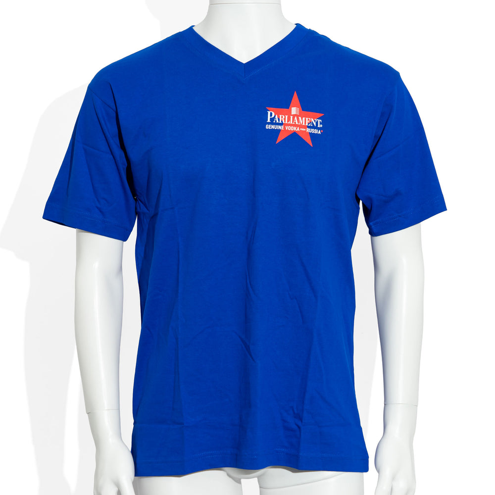 T-shirt en coton bleu à col en V « Parliament Vodka » (taille M)