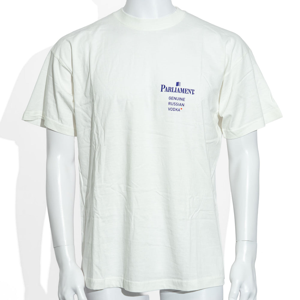 T-shirt en coton blanc « Parliament Vodka » avec motif « Verre à vodka, taille L »