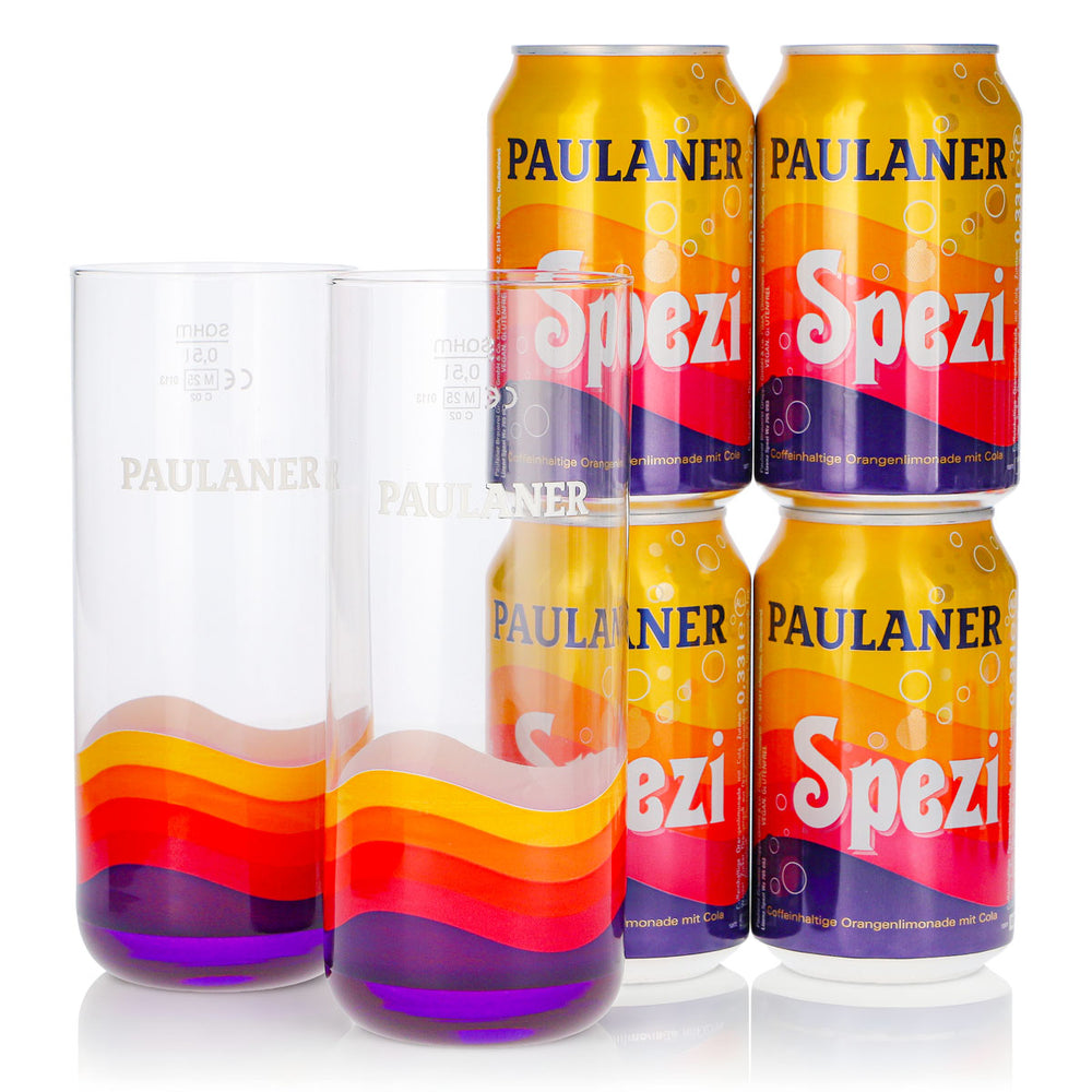 Coffret cadeau Paulaner Spezi, lot de 6 pièces : 2 verres de 0,5 l + 4 canettes de 0,33 l