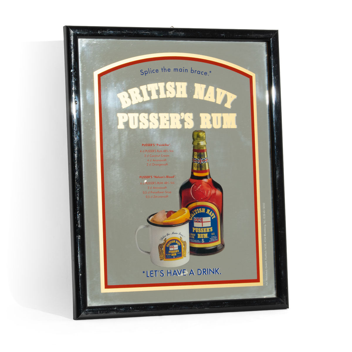 Miroir publicitaire Pusser's Rum Accessoires de bar Décoration murale Cadre noir