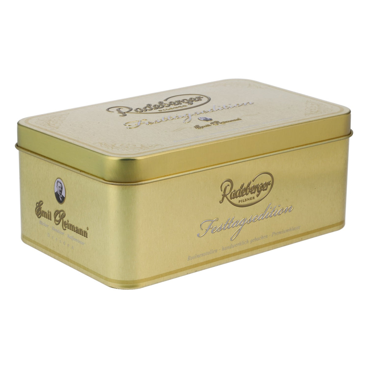 Boîte métallique « Radeberger Bier » dorée, 14,5 x 9 x 6 cm, édition spéciale fêtes, pour collectionneurs