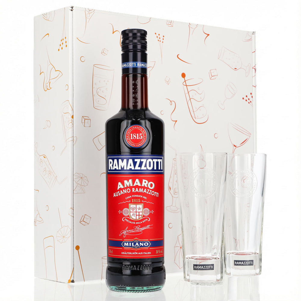 Coffret cadeau liqueur Ramazzotti 0,7 l 30 % + verre à long drink 1815 I Blanc
