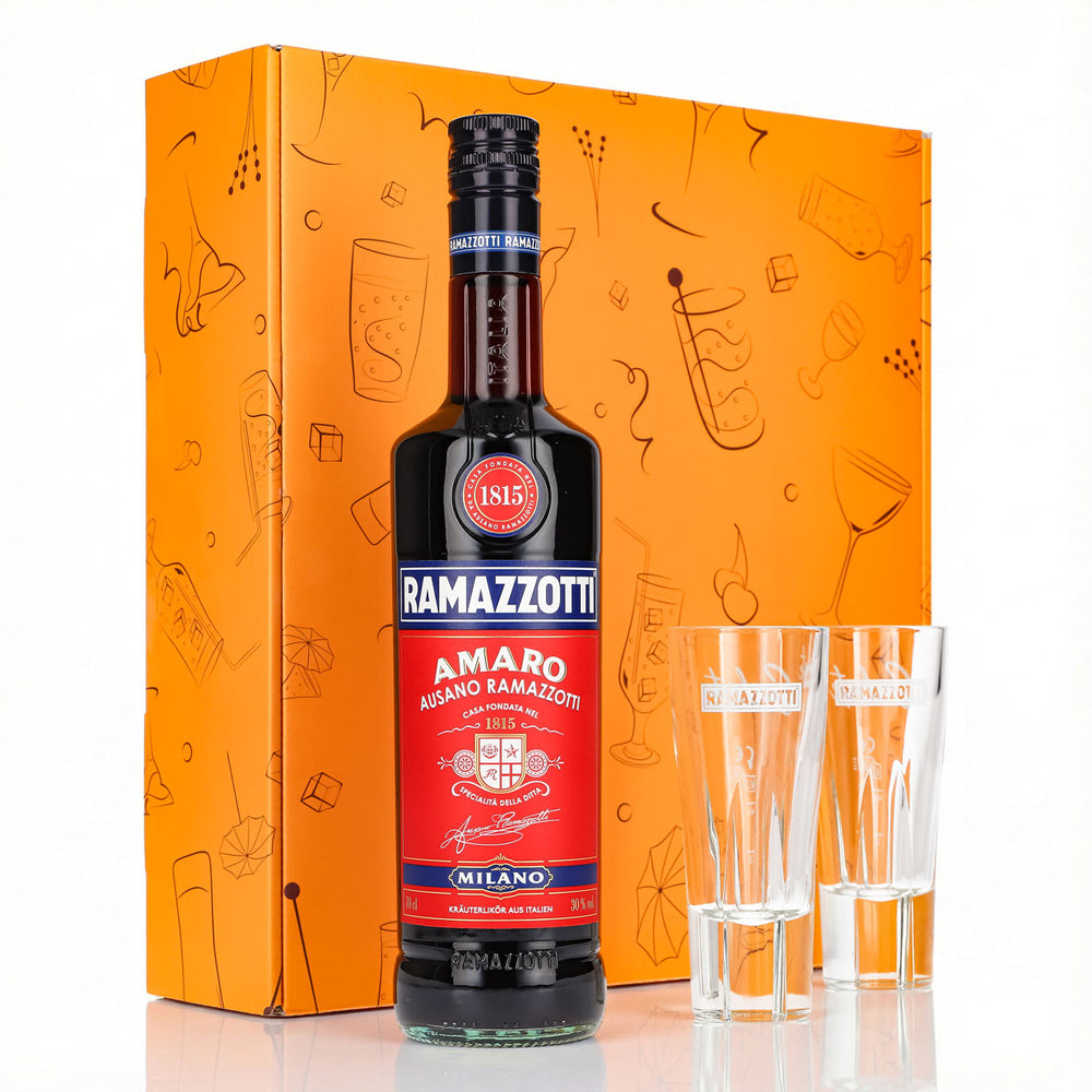 Coffret cadeau liqueur Ramazzotti 0,7 l 30 % + verre à long drink Salute I Orange