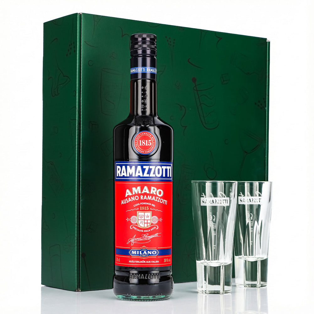 Coffret cadeau liqueur Ramazzotti 0,7 l 30 % + verre à long drink Salute I vert