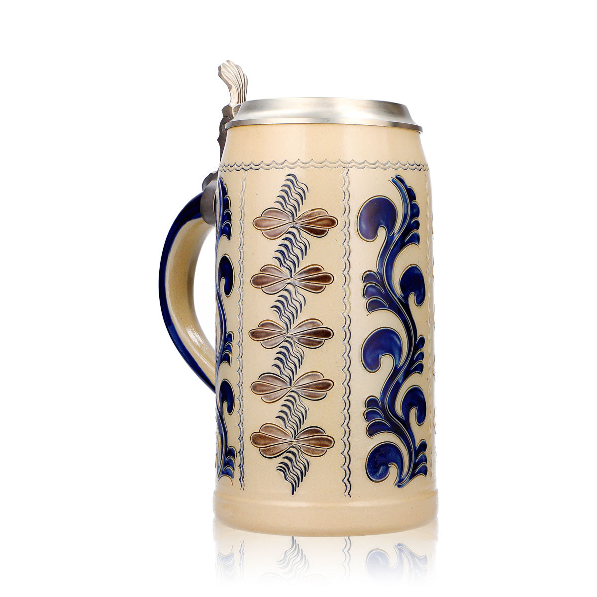Verre à bière Rastal, chope en grès de 1,25 l avec couvercle en étain, bleu/gris, grès vertical – Vue 2