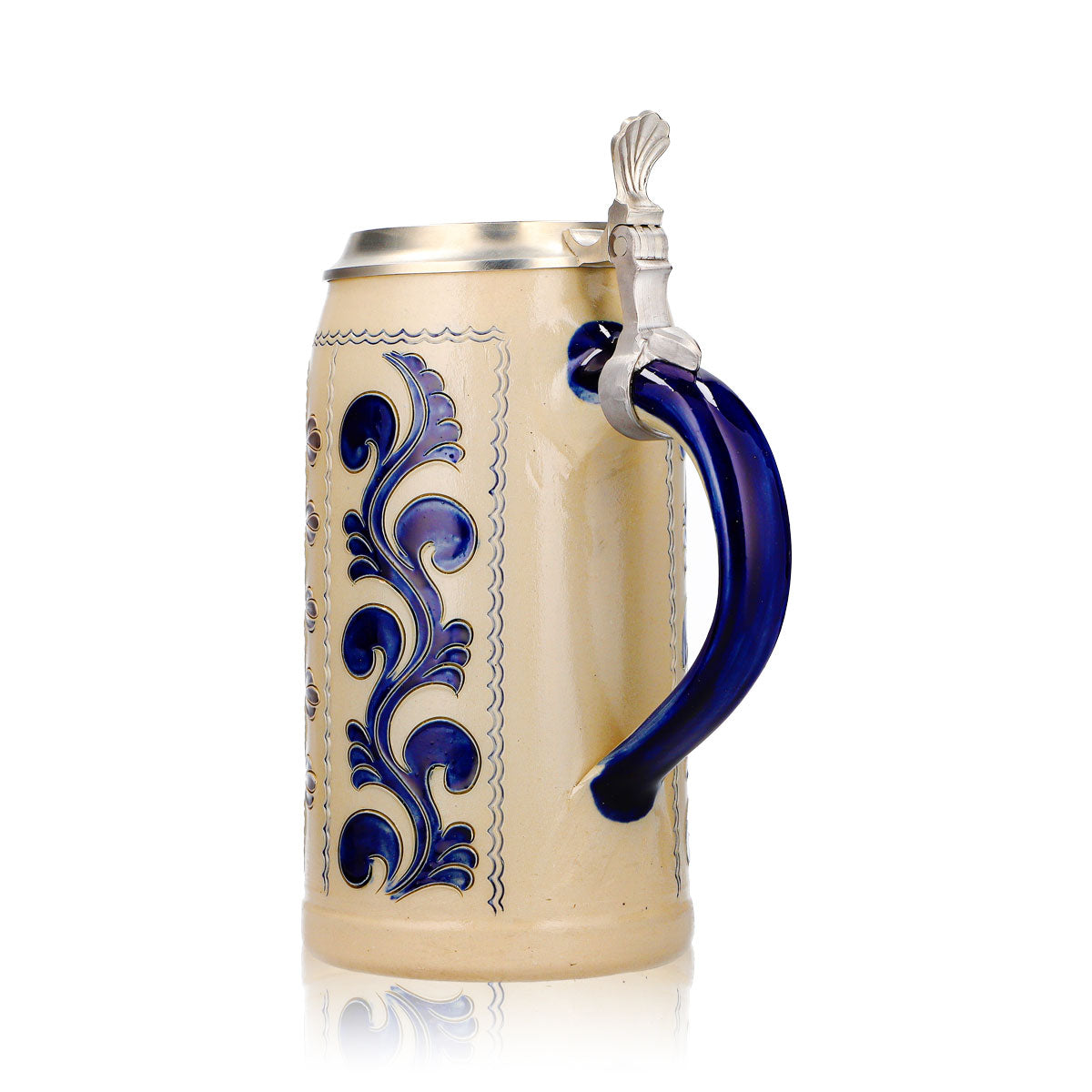 Verre à bière Rastal, chope en grès de 1,25 l avec couvercle en étain, bleu/gris, grès vertical – Vue 4