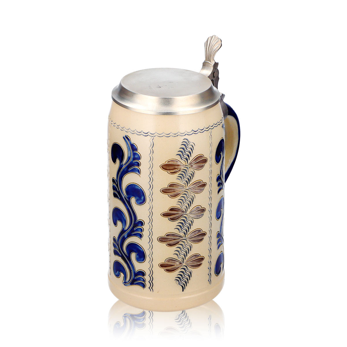 Verre à bière Rastal, chope en grès de 1,25 l avec couvercle en étain, bleu/gris, grès vertical – Vue 6