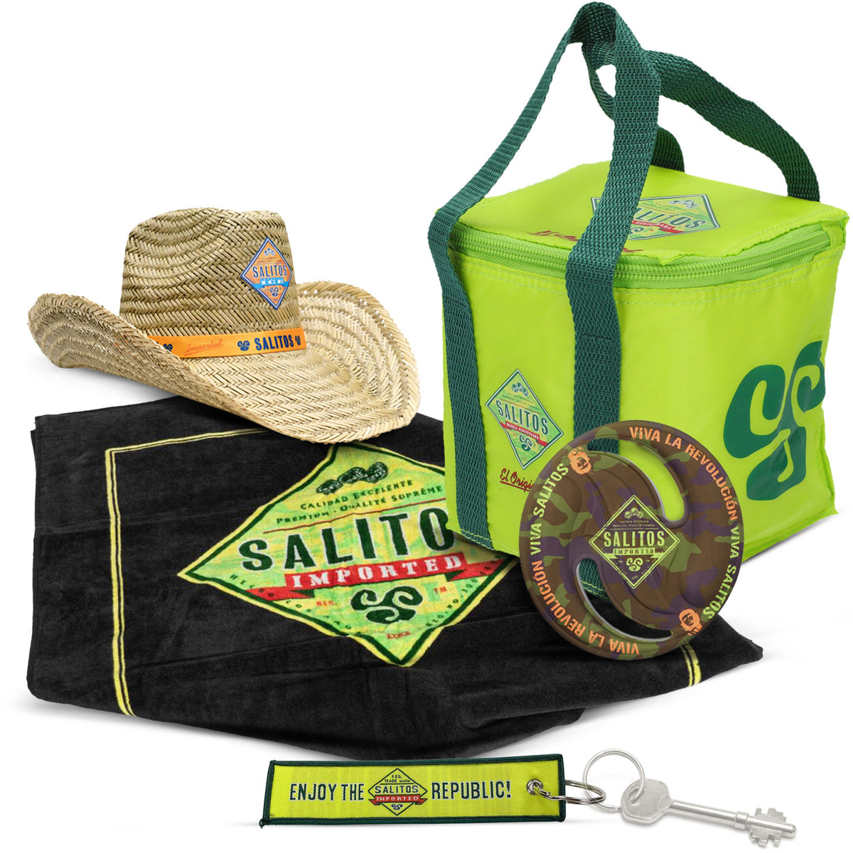 Salitos Beach Bundle Set I comprenant une serviette de plage, un chapeau de paille, un frisbee et un sac isotherme