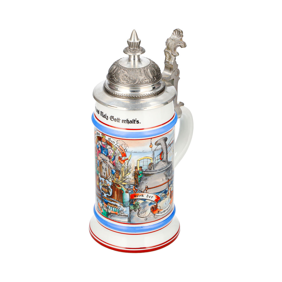 Verre à bière de collection, cruche en terre cuite de 0,65 l avec couvercle en étain, décoré de houblon et de malt – « Que Dieu le préserve » – Vue 6