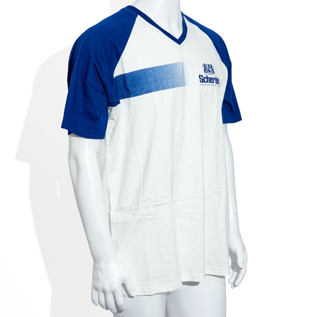 T-shirt en coton blanc Scherdel Bier, coupe XL, col en V et manches bleues – Vue 2