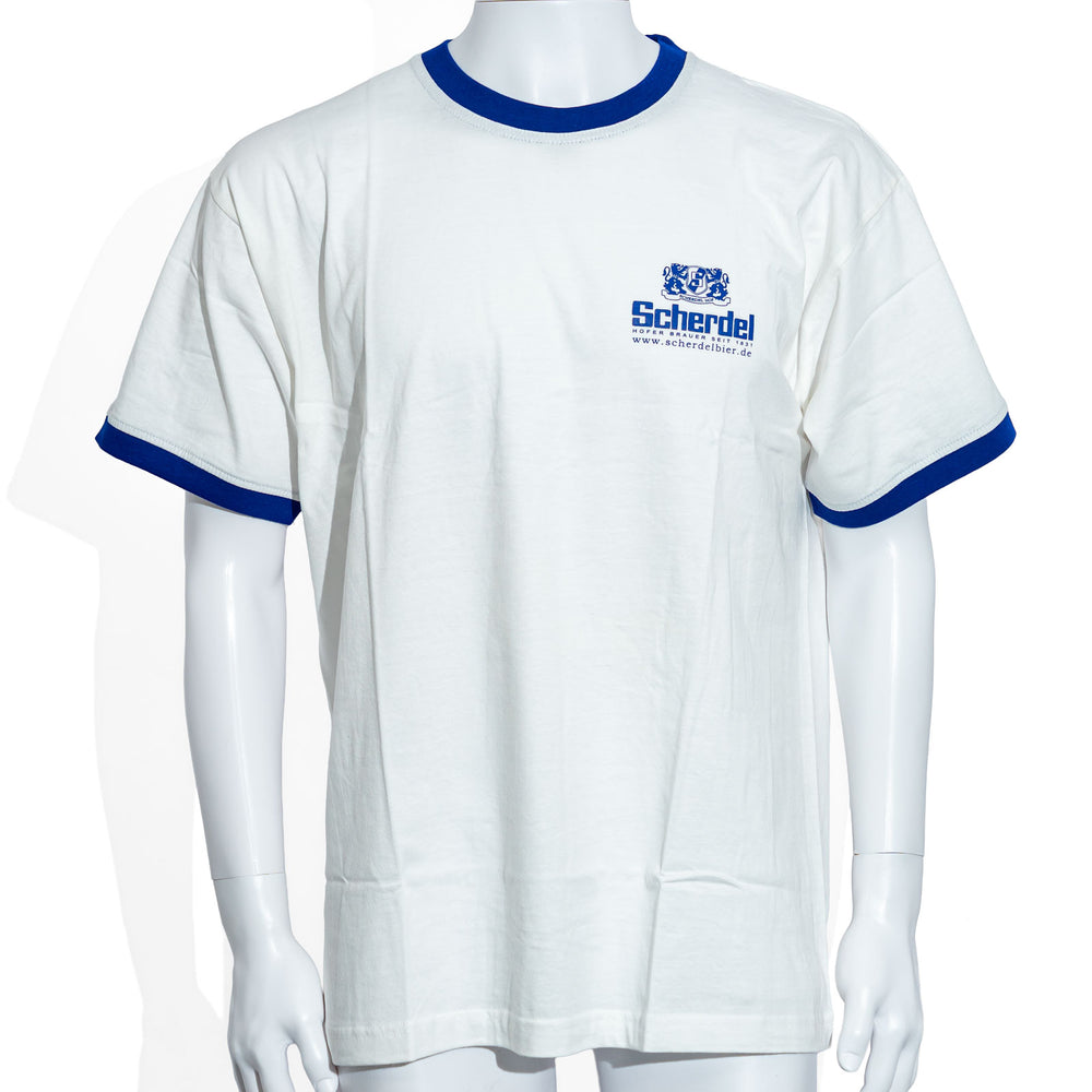 T-shirt Scherdel Bier, taille XL, col bleu, blanc
