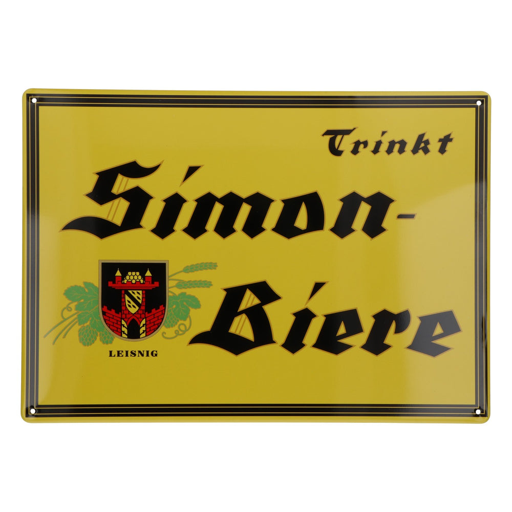 Plaque en métal jaune « Simon-Biere » – « Buvez les bières Simon » – Leisnig – 29,5 x 21 cm