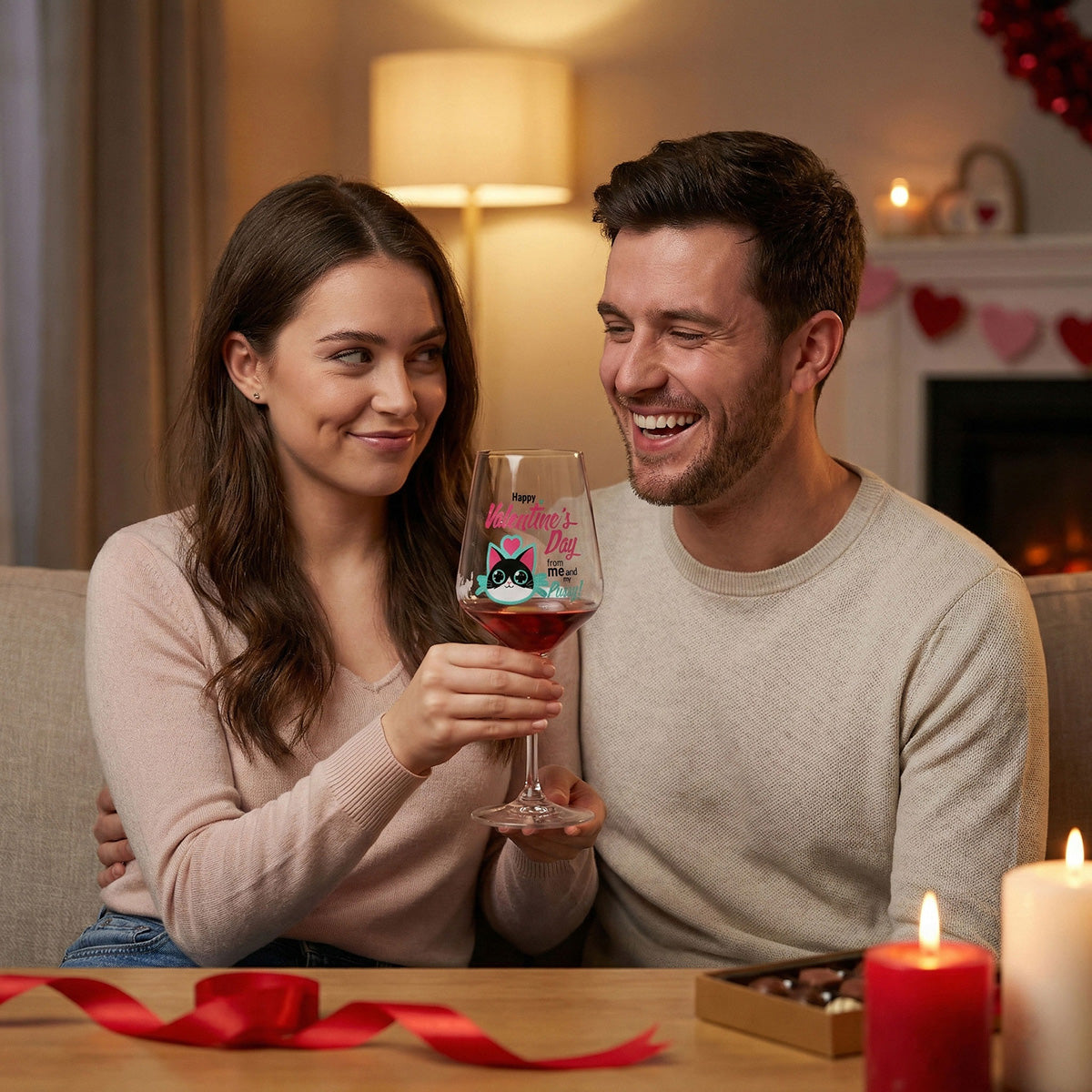 Verre à vin Sipply pour la Saint-Valentin avec chat + inscription « Happy Valentines Day » Cadeau 0,5 l – Vue 3