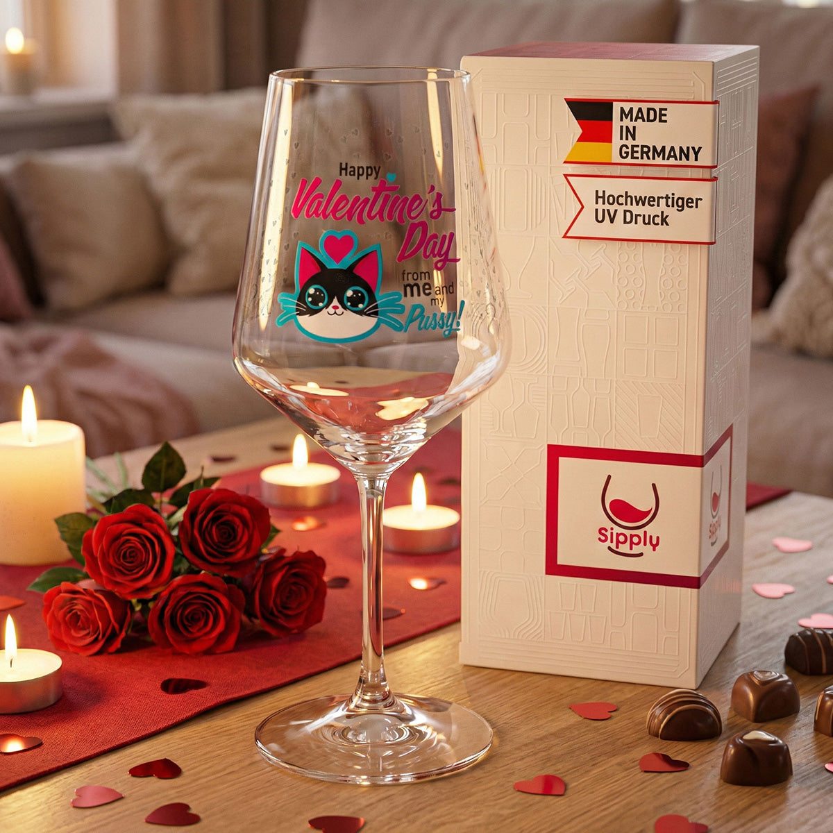 Verre à vin Sipply pour la Saint-Valentin avec chat + inscription « Happy Valentines Day » Cadeau 0,5 l – Vue 4