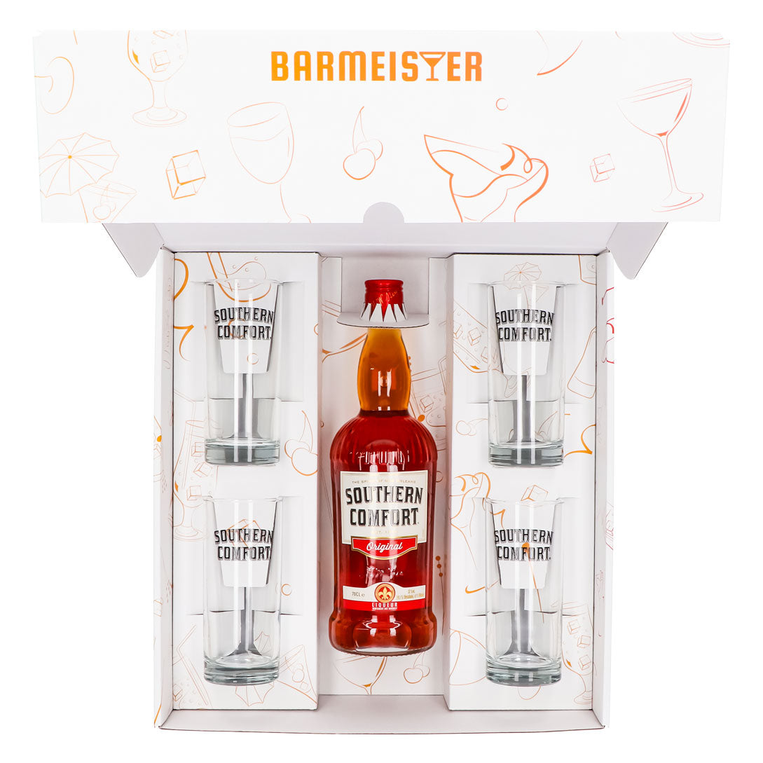 Southern Comfort Geschenkset 0,7l Flasche 35,0 % Vol. + Longdrinkgläser Schwarz–Weiß – Ansicht 5