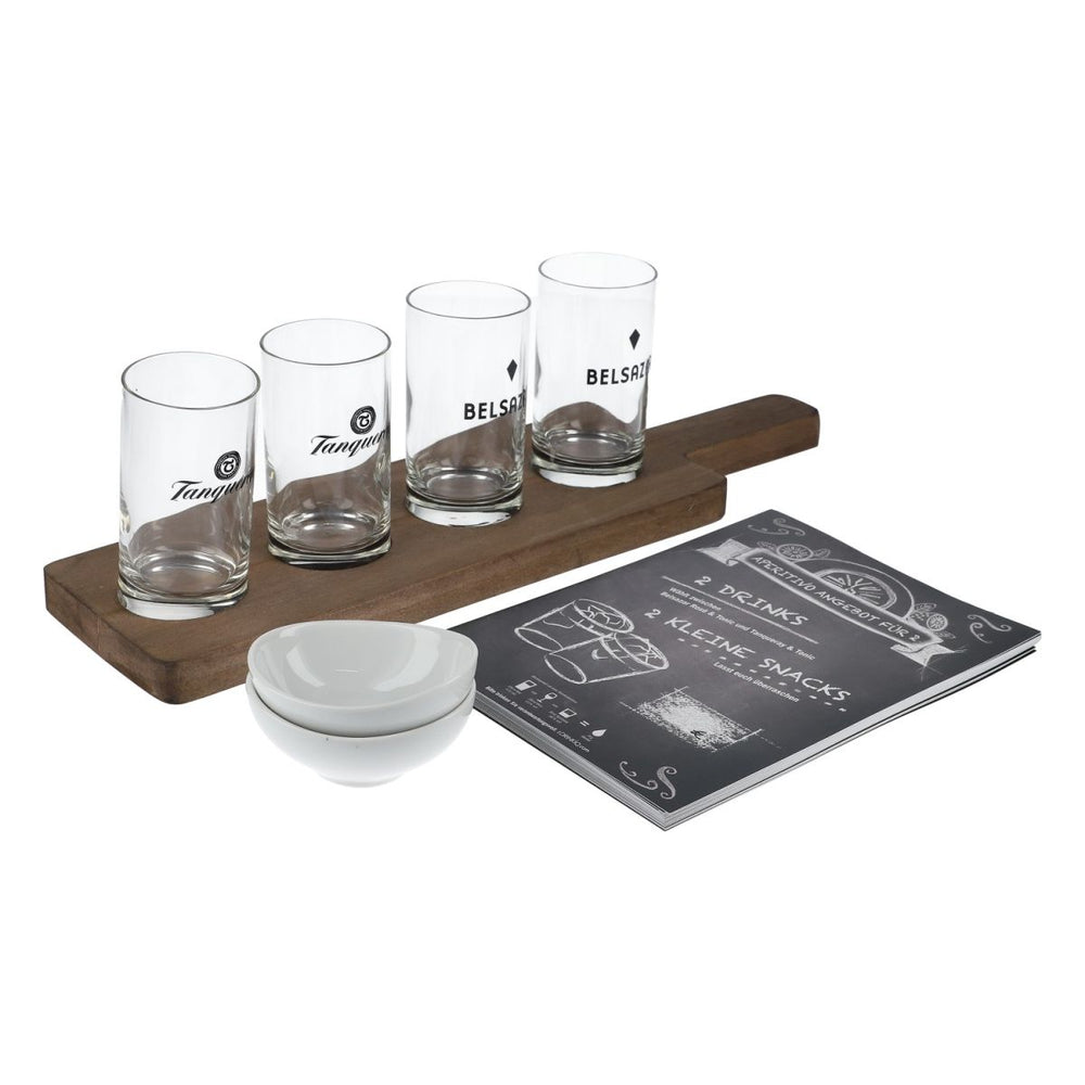 Tanqueray Gin Aperitivo Plateau de dégustation en bois véritable avec 4 verres à dégustation et coupes