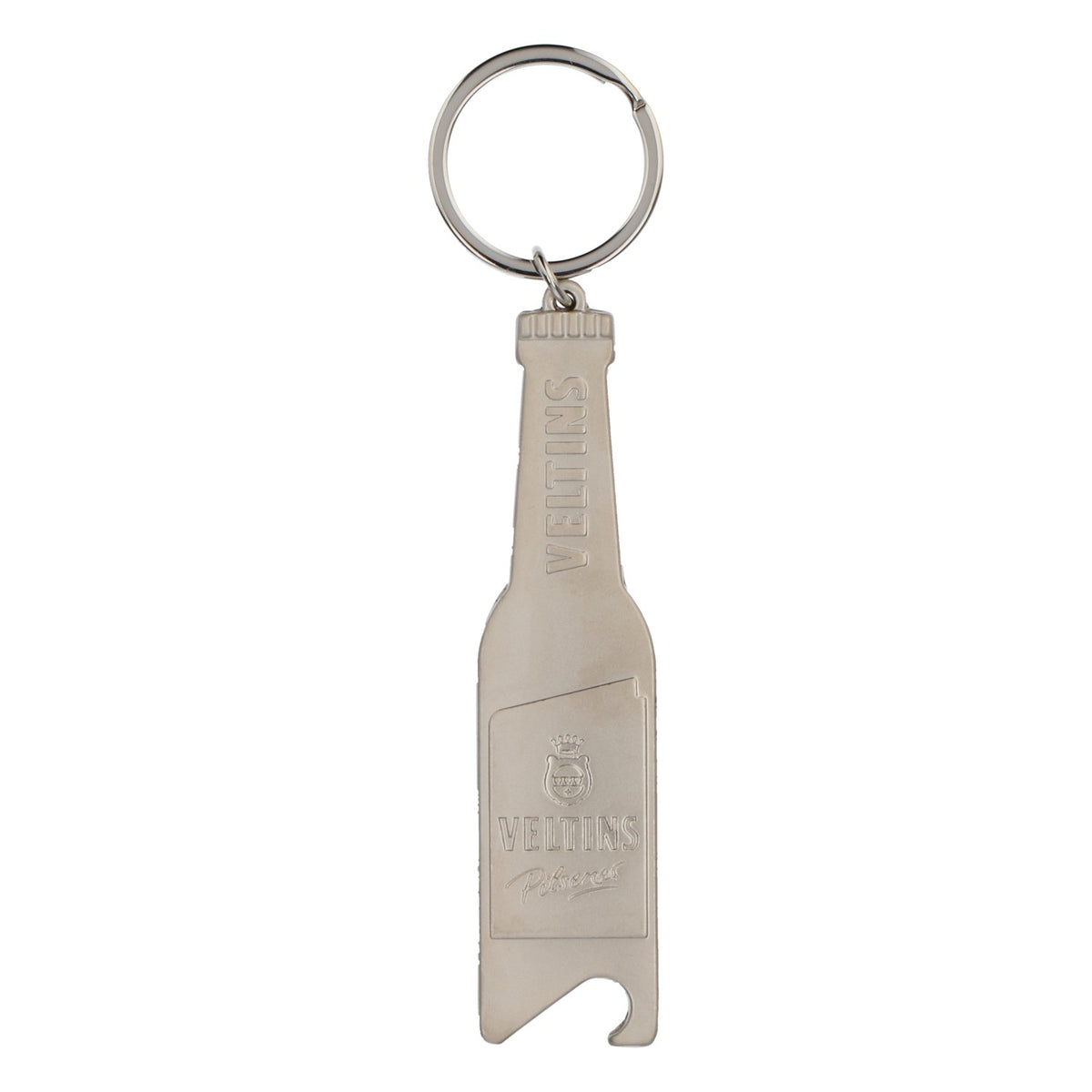Décapsuleur métallique Veltins en forme de bouteille avec jeton pour caddie
