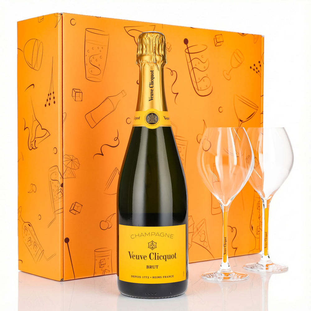 Coffret cadeau champagne Veuve Clicquot 0,75 l 12,5 % + flûte 0,1 l pied jaune I Orange