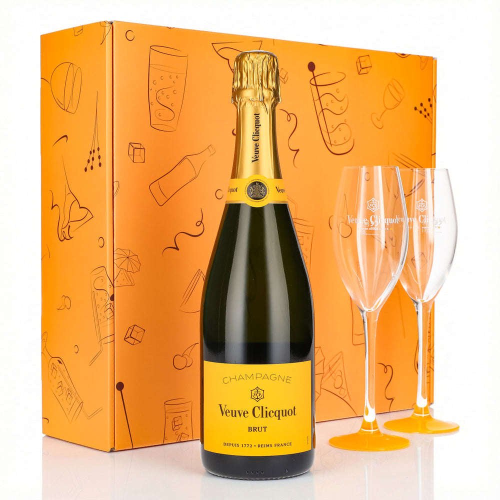 Coffret cadeau champagne Veuve Clicquot 0,75 l 12,5 % + flûte 0,1 l pied jaune I Orange