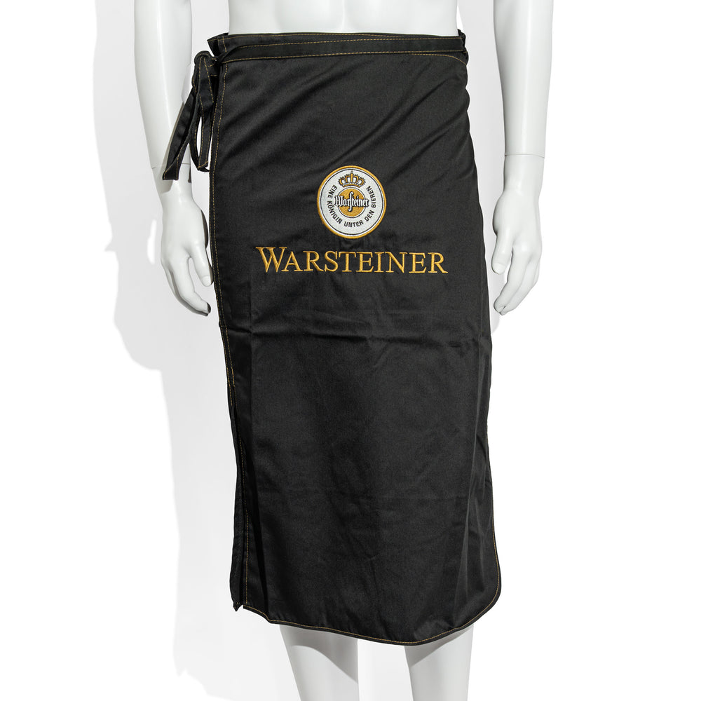 Tablier de serveur noir en tissu mélangé, avec logo « Warsteiner » sur un verre à bière