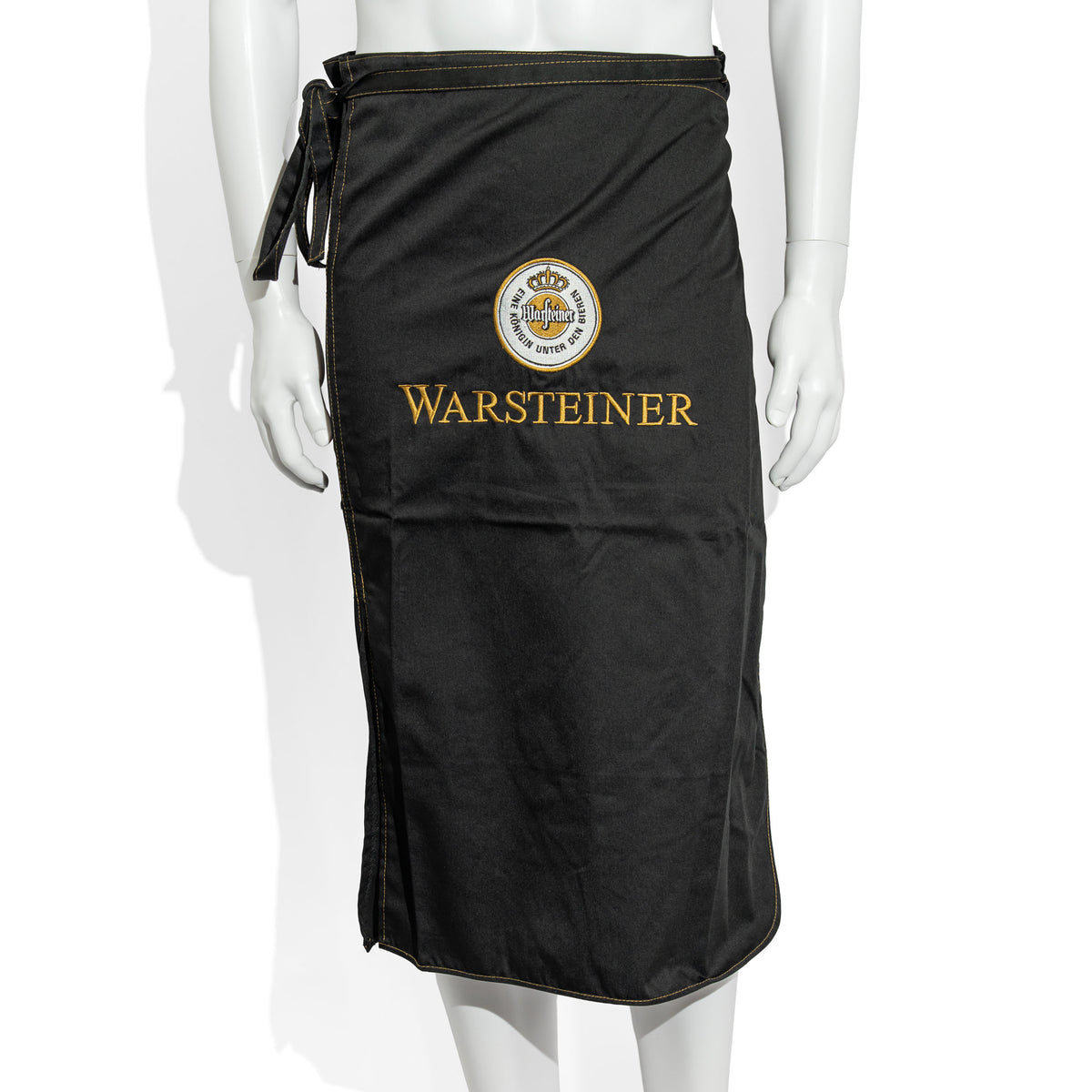 Tablier de serveur noir en tissu mélangé, avec logo « Warsteiner » sur un verre à bière