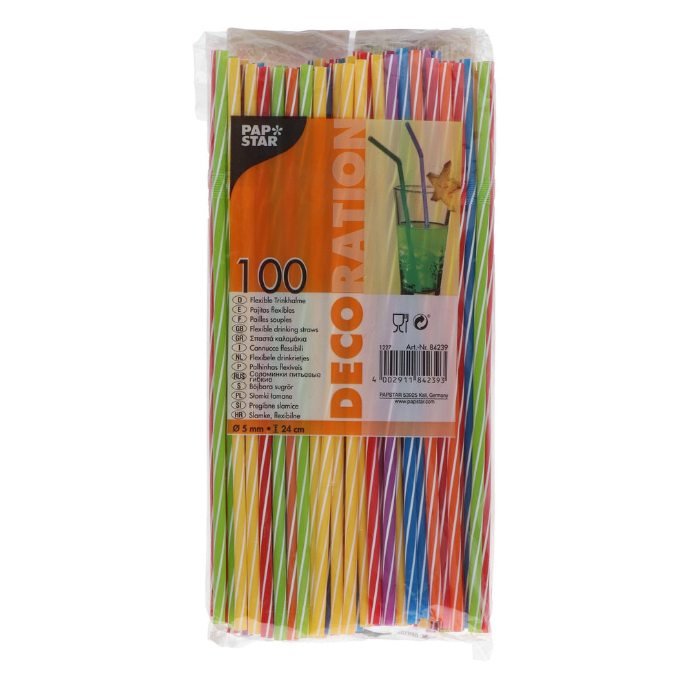 100 pailles Papstar, 0,5 x 24 cm, pliables, en plastique, multicolores