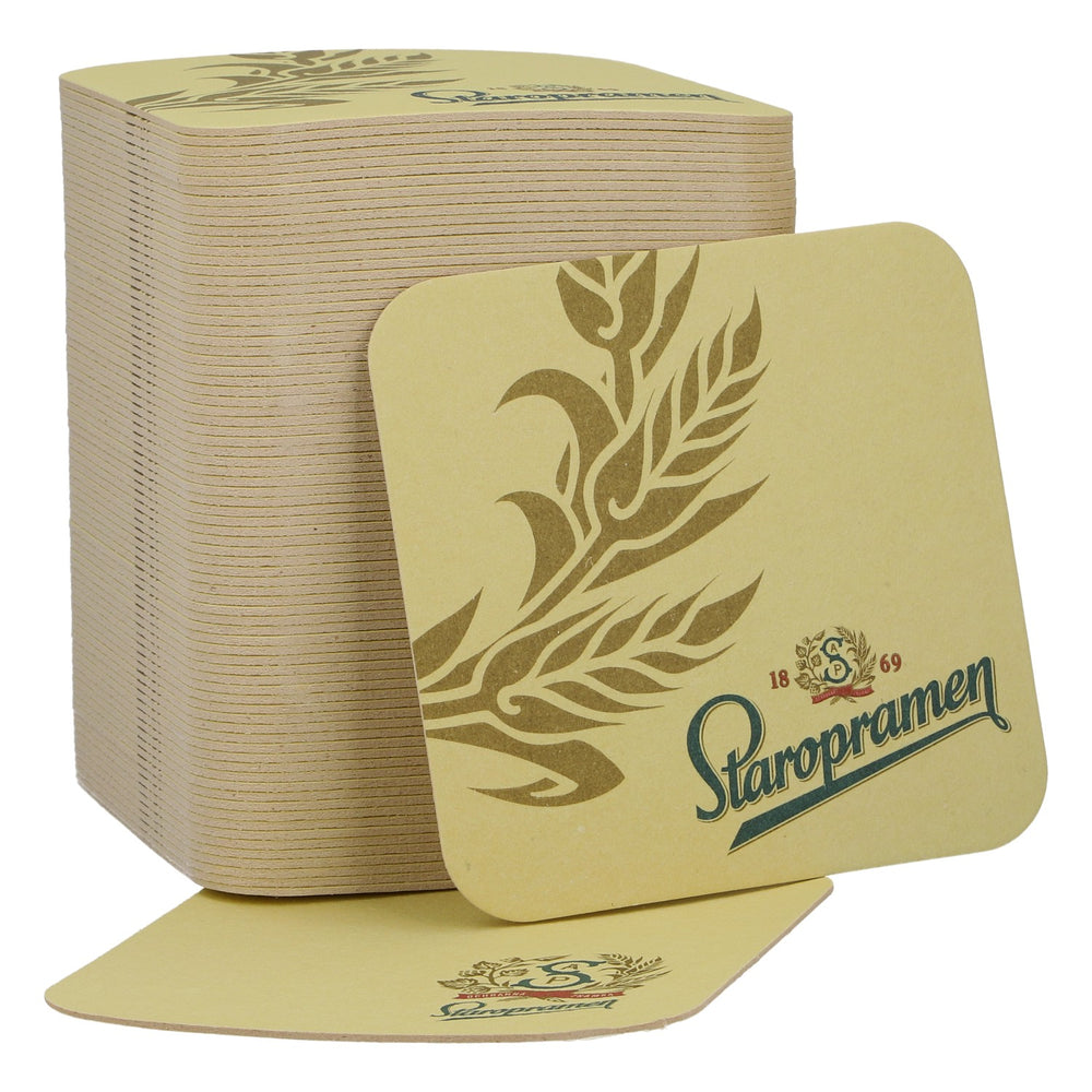 100 sous-bocks Staropramen 1869, logo vert, motif « Weizen », couleur beige