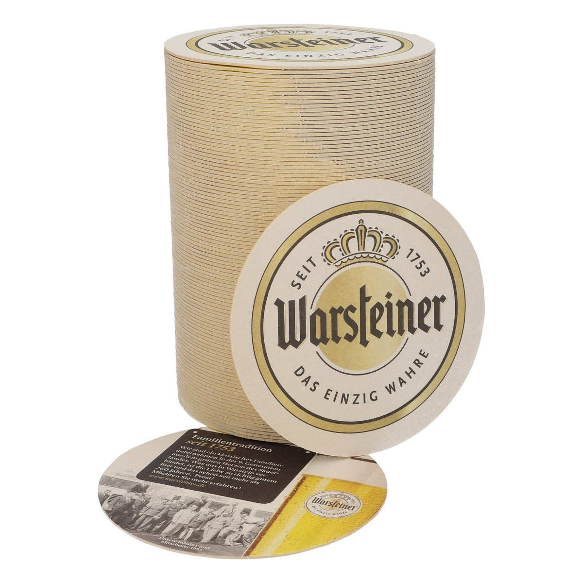 100 sous-verres Warsteiner, Ø 10,5 cm, « Une tradition familiale depuis 1753 »