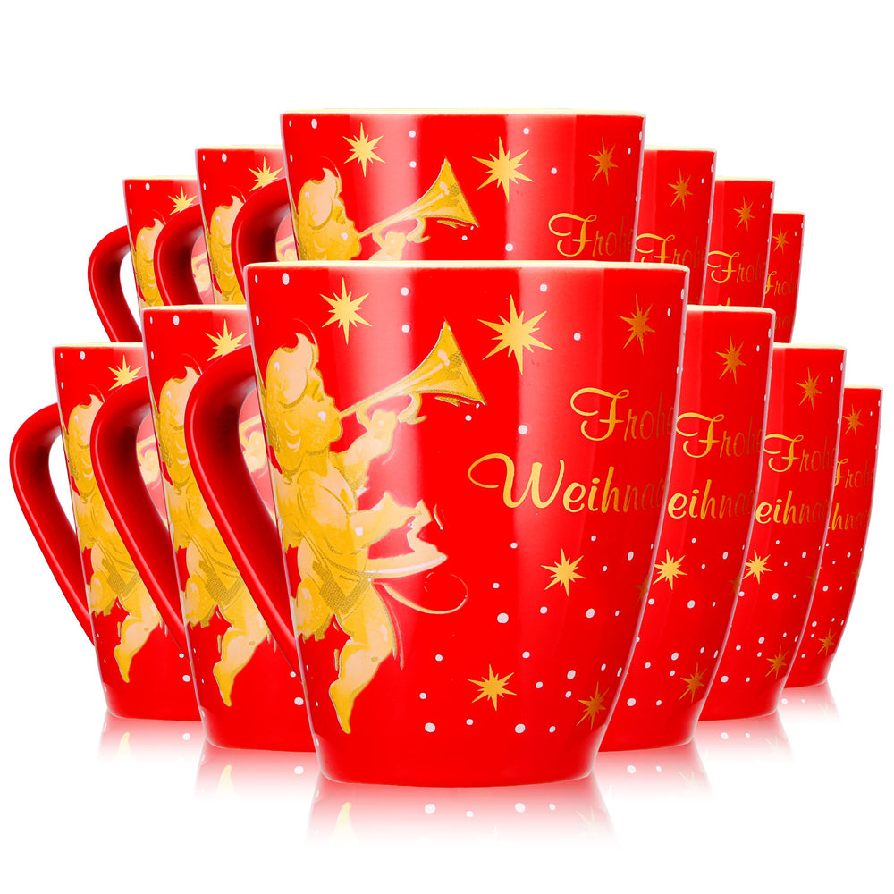 12 tasses à vin chaud Mohaba, modèle 2000 « Joyeux Noël avec un ange », rouge vif / crème, 0,2 l, graduées
