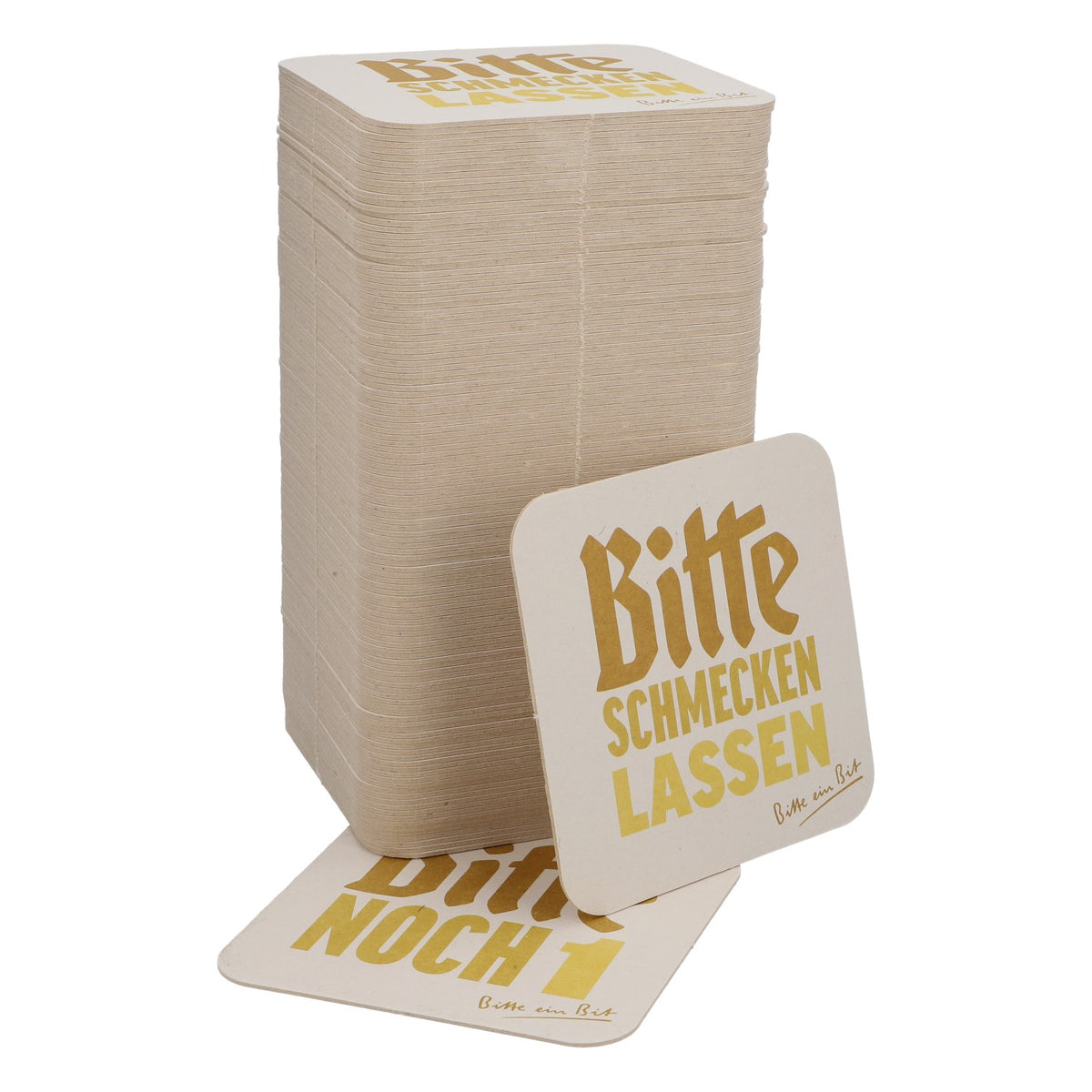 125 sous-verres en carton pour bière Bitburger 9 x 9 cm « Bitte noch 1 » (Encore une, s'il vous plaît) au recto et « Bitte schmecken lassen » (Savourez-la bien) au verso