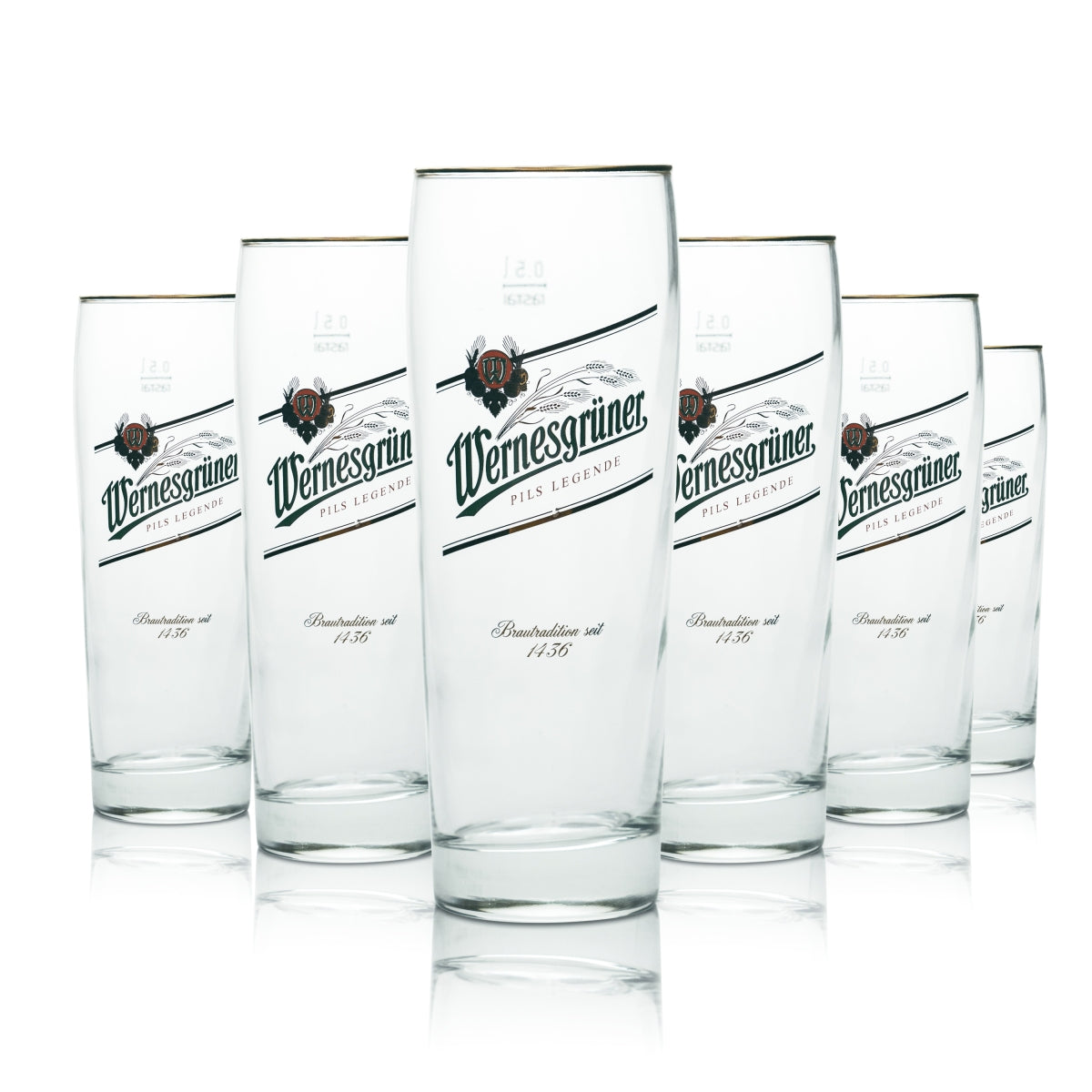 12 verres à bière Wernesgrüner 0,5 l, coupe Pils, bord doré, chêne, pour la restauration