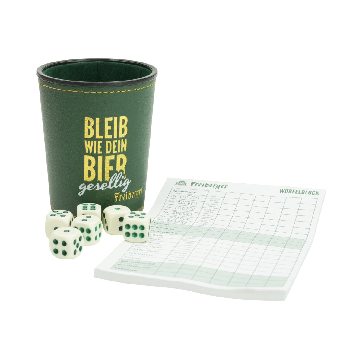 1x set de gobelets à bière Freiberger avec dés + bloc de jeu