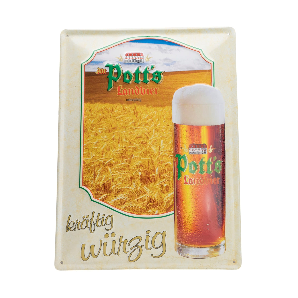 1x plaque métallique Potts Bier « Landbier » (bière de campagne) à fermentation basse, forte et épicée