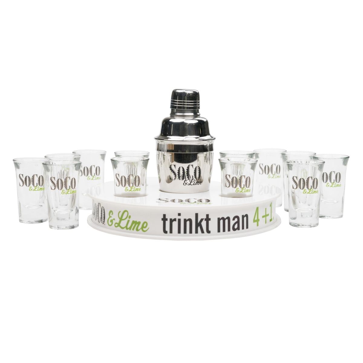 1x Soco Lime Whiskey Shotset 12 verres à shot, 1 shaker et 1 plateau