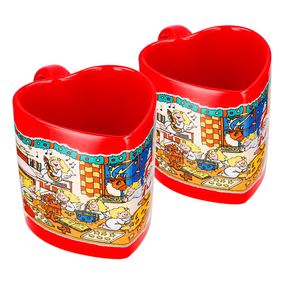 2 tasses à vin chaud Mohaba en forme de cœur, motif « Pâtisserie de Noël » avec un ange, rouge vif, 0,2 l, graduées
