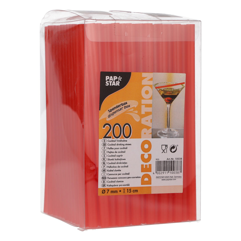 200 pailles à cocktail Papstar rouges en plastique 0,7 x 15 cm, boîte distributrice