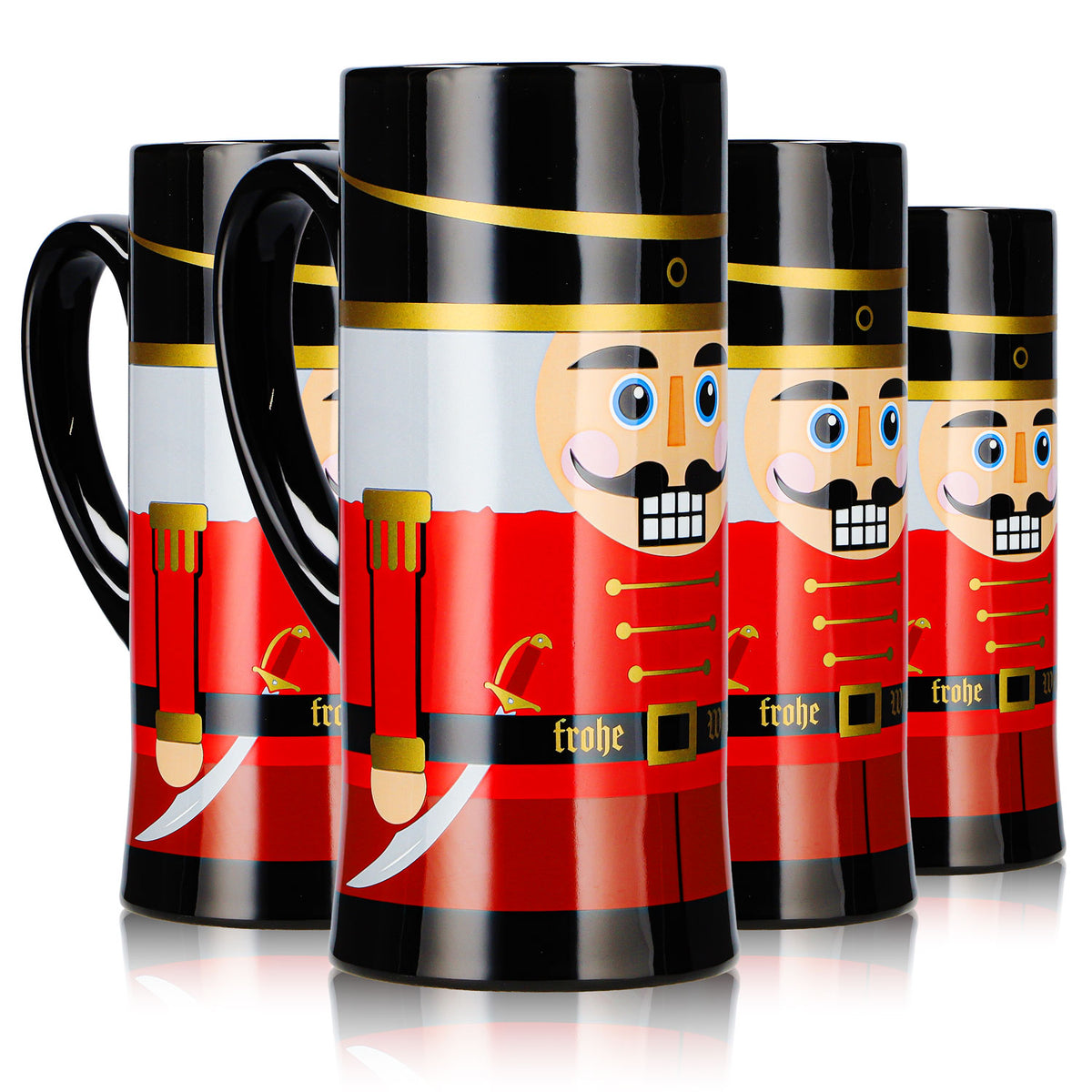 4 tasses à vin chaud Mohaba, modèle « flûte », Casse-noisette, Joyeux Noël, noir, 0,2 l, graduées