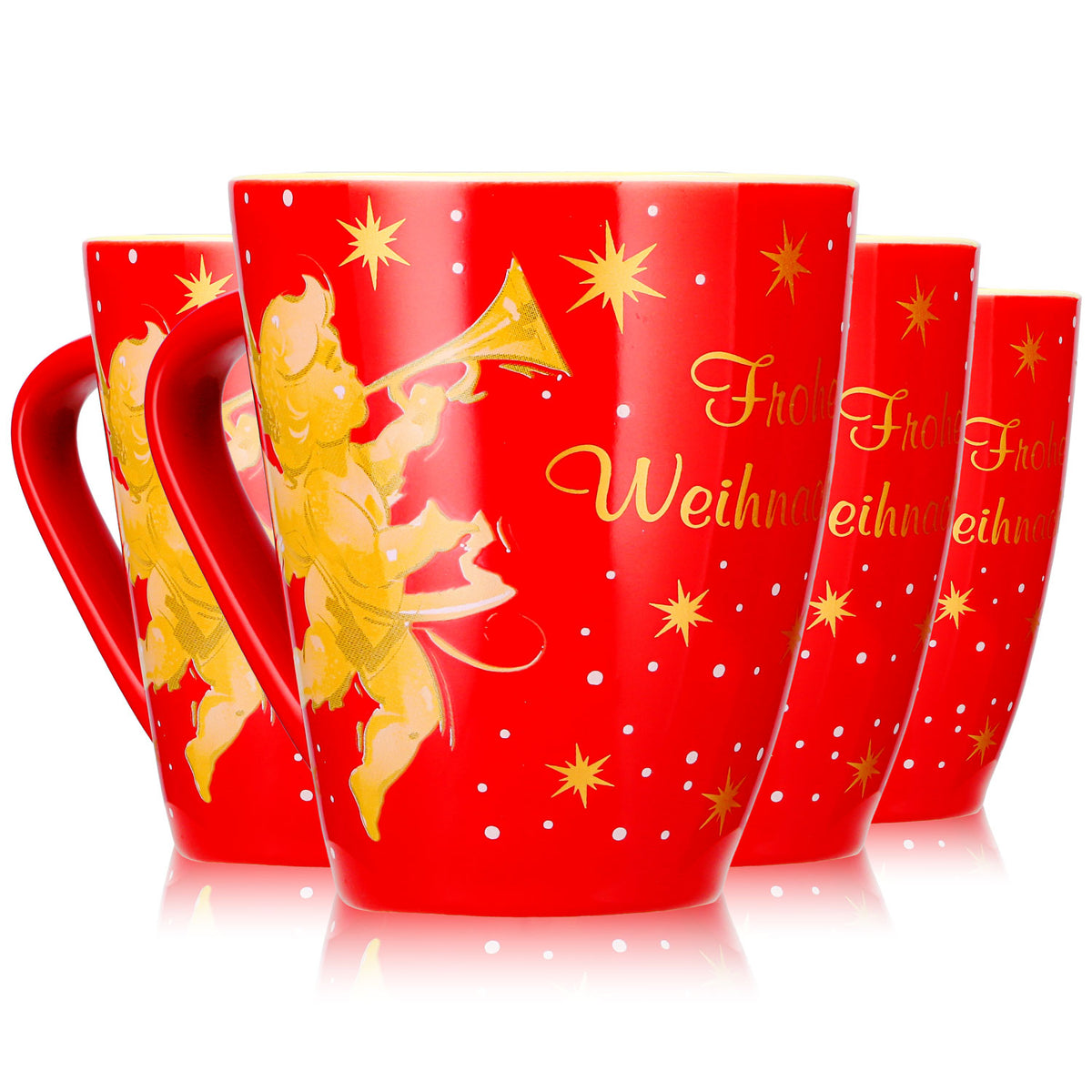 4 tasses à vin chaud Mohaba, modèle 2000 « Joyeux Noël avec un ange », rouge vif / crème, 0,2 l, graduées