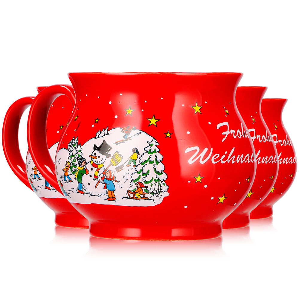 4 tasses à vin chaud Mohaba, forme sphérique, « Joyeux Noël », motif hivernal, rouge vif, 0,2 l, graduées
