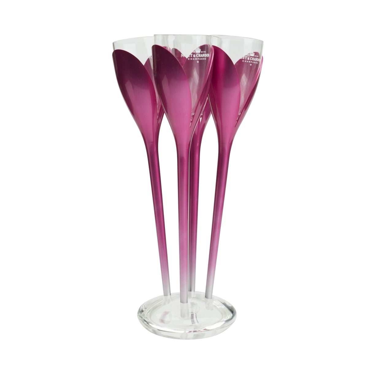 4x porte-verres à champagne Moët & Chandon Tulipe + 4 verres en plastique sur pied rose