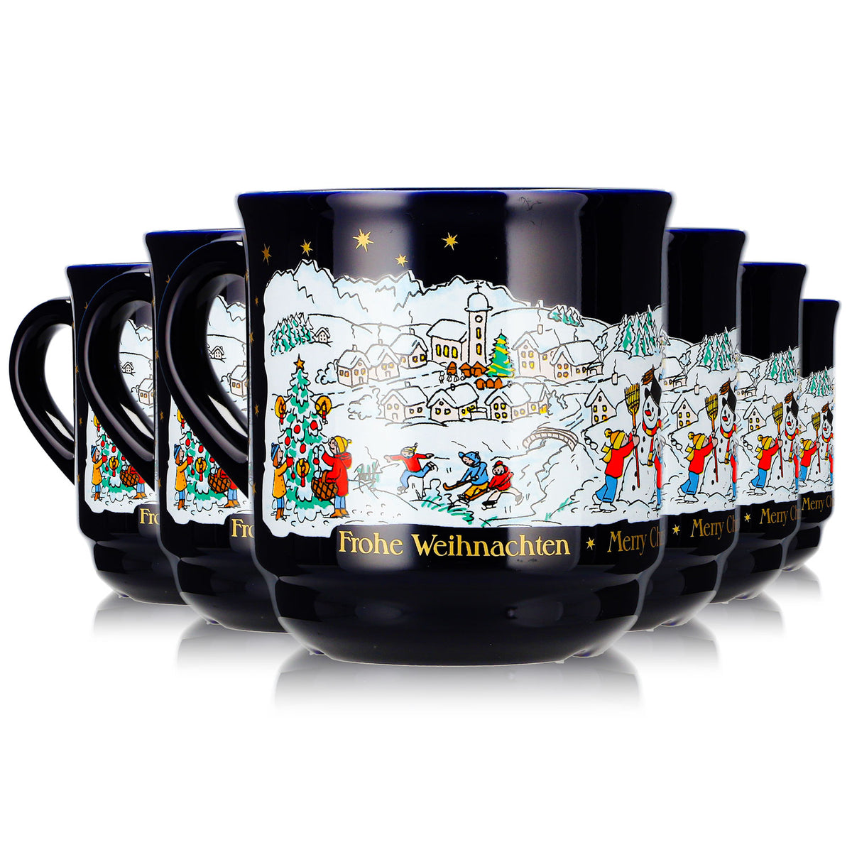 6 tasses à vin chaud Mohaba, modèle 8000 « Joyeux Noël », motif hivernal, bleu cobalt, 0,2 l, graduées