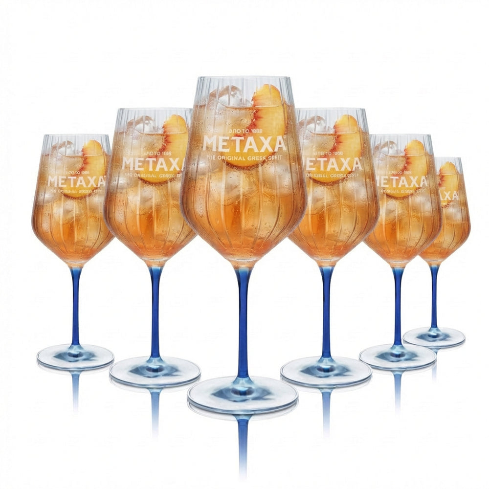 Lot de 6 verres à brandy Metaxa 0,57 l – Verre à vin en relief avec pied et fond bleus