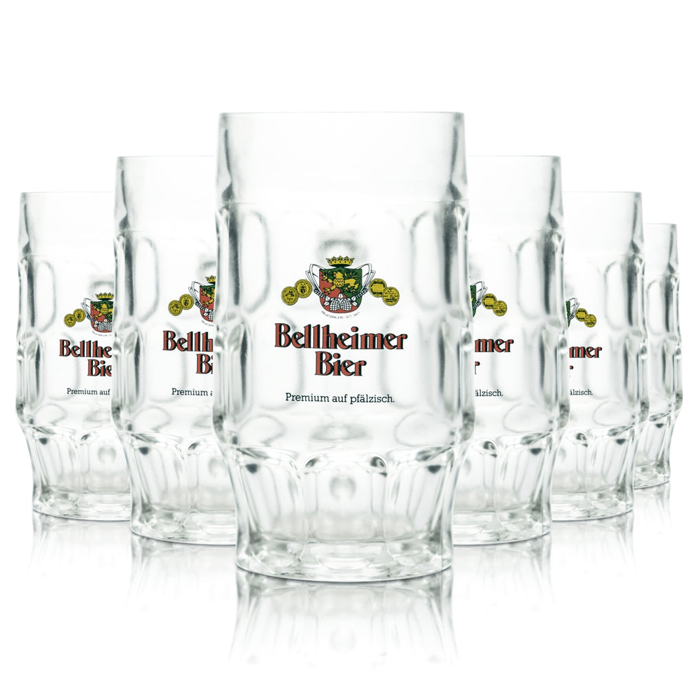 6 chopes en verre Bellheimer 0,5 l Premium Bier Krug Pfalz Brauerei Humpen Seidel