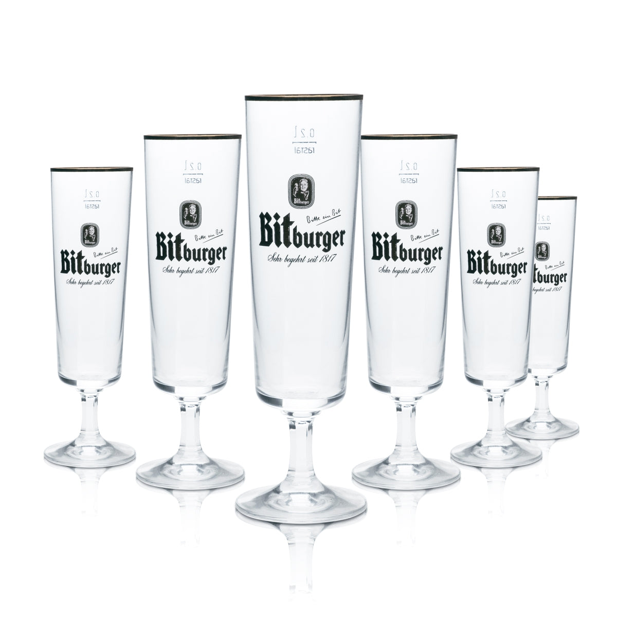 6 verres à bière Bitburger 0,2 l, forme tulipe, bord doré, brasserie, gastronomie, bar, pils